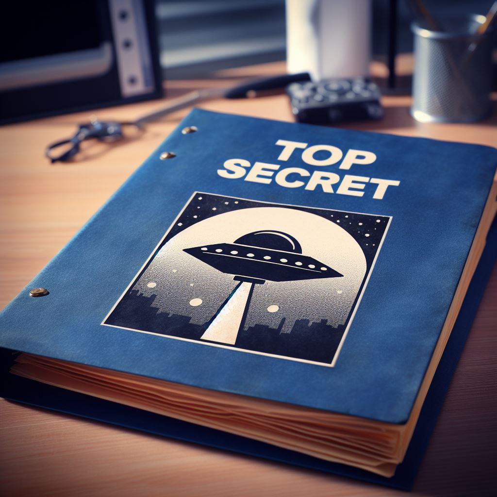 Folder with photo of UFO and text Top Secret